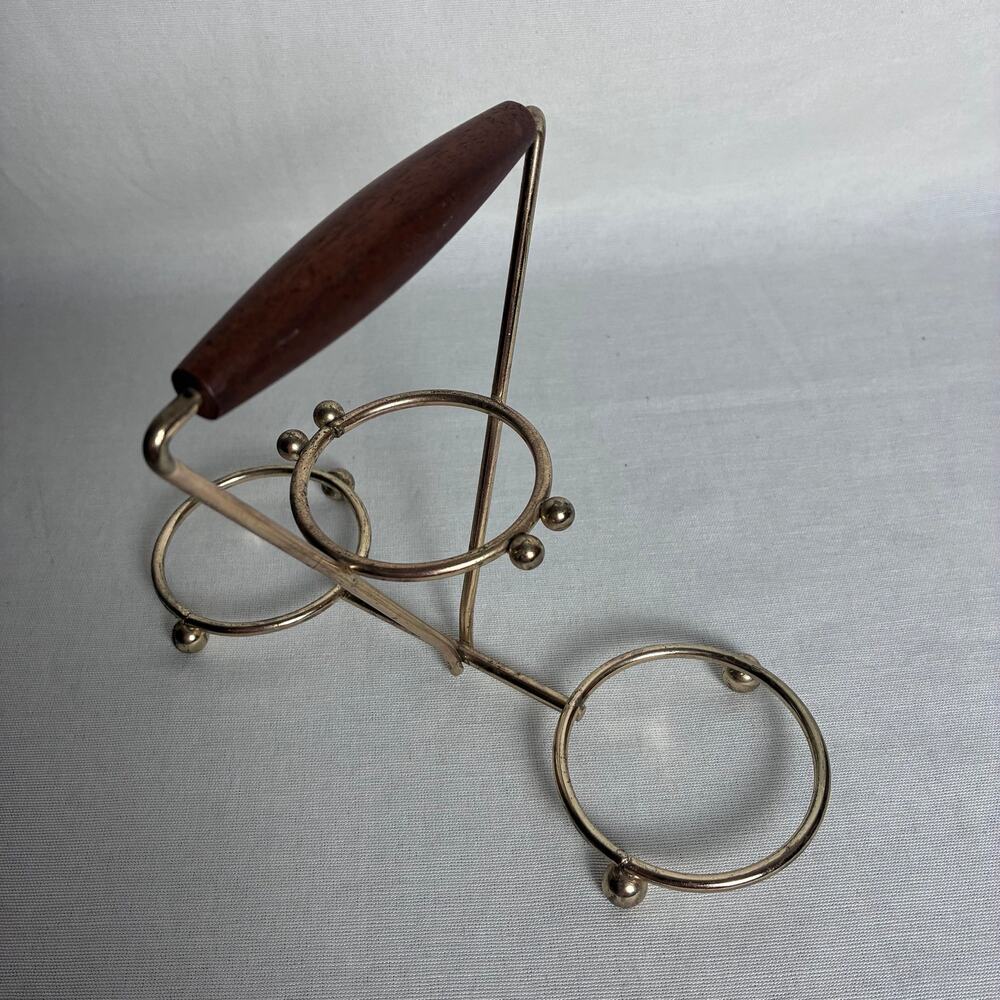 Vintage Mid Century Brass Wire Cream Sugar Caddy Holder Stand Wood Handle MCM